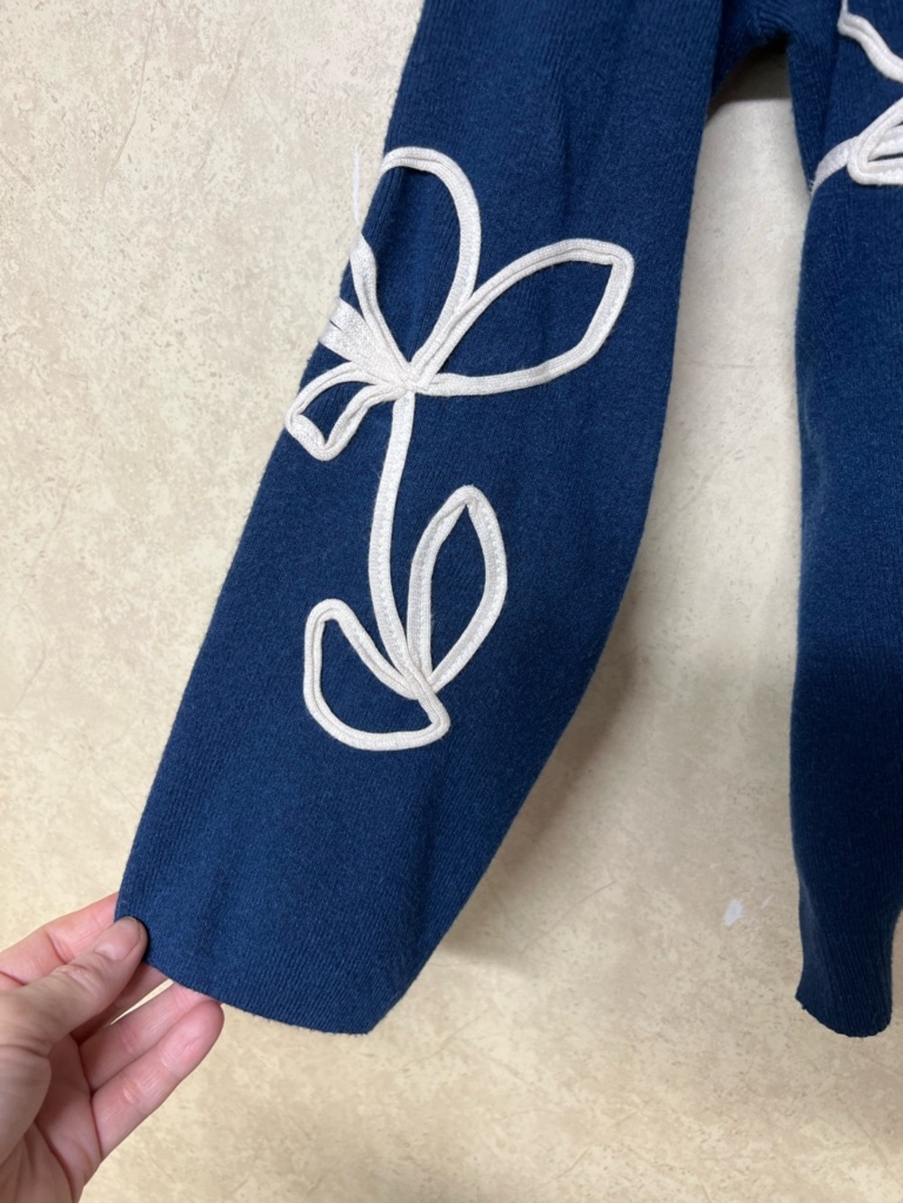Chico's navy mock neck white floral embroidered long sleeve sweater - Picture 8 of 11